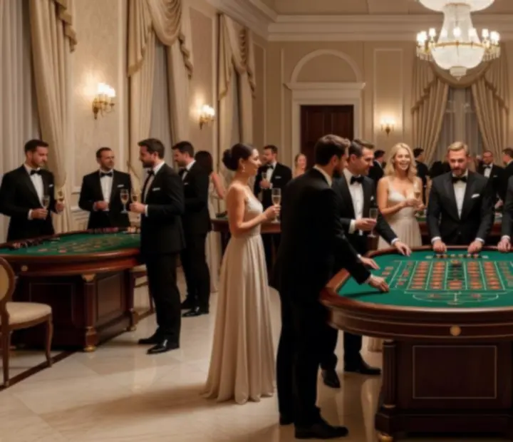 Luxusně nasvícený kasinový večer s pokerovými a ruletovými stoly připravenými pro hosty