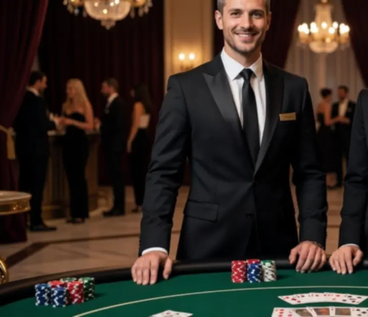 Profesionální krupiéři u pokerového stolu během elegantní společenské akce