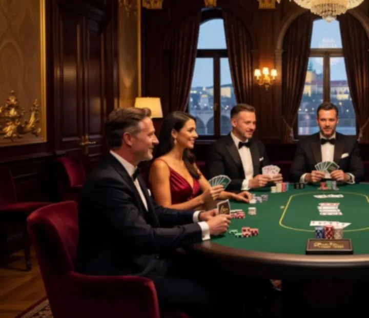 Elegantně nasvícený pokerový stůl připravený pro večerní společenskou akci