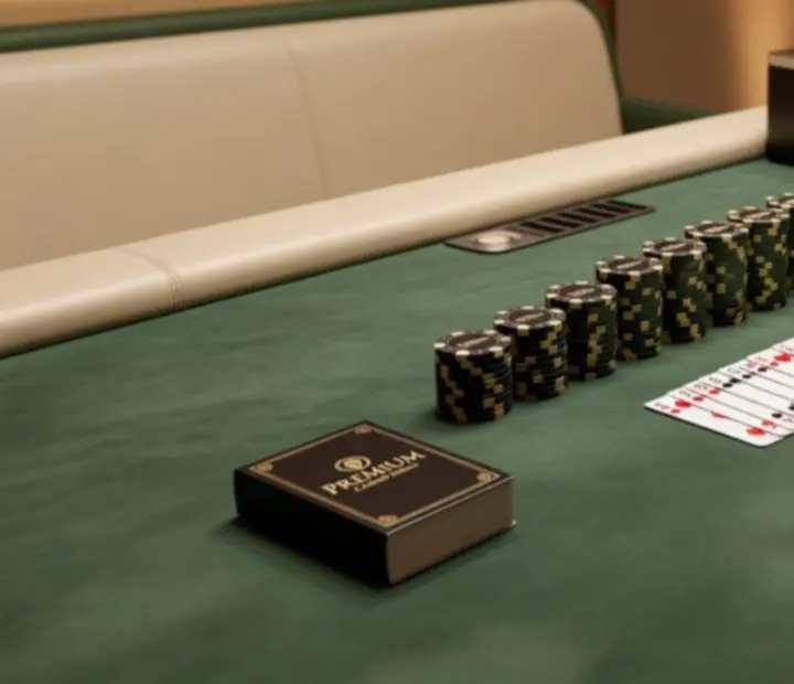 Luxusní pokerové stoly, žetony a karty v elegantně nasvíceném eventovém prostoru